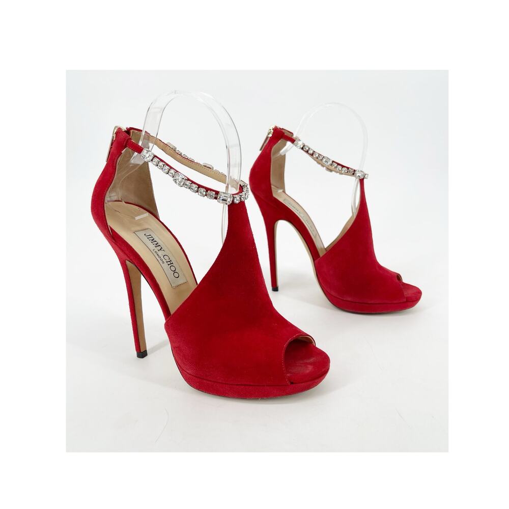 Jimmy Choo Red Suede Farah Crystal Strap Open Toe Platform Pump Sandals IT 38.5